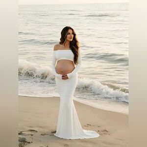 Momyknows Elegant White Cut Out Off Shoulder Mermaid Maternity Maxi Dress